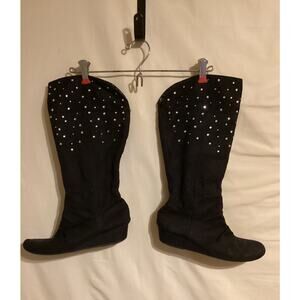 5085 Justice Womens High Boots Black Rhinestones Flat Heel Faux Suede Size 8